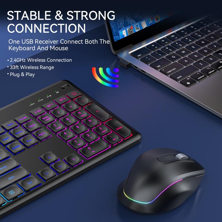 2.4G & Bluetooth  Wireless Keyboard and Mouse Set with Phone/Tablet Slot RGB Backlit Rechargeable Keyboard Mouse Combo