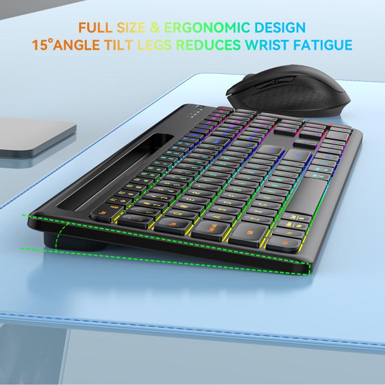 2.4G & Bluetooth  Wireless Keyboard and Mouse Set with Phone/Tablet Slot RGB Backlit Rechargeable Keyboard Mouse Combo