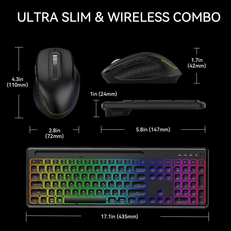 2.4G & Bluetooth  Wireless Keyboard and Mouse Set with Phone/Tablet Slot RGB Backlit Rechargeable Keyboard Mouse Combo