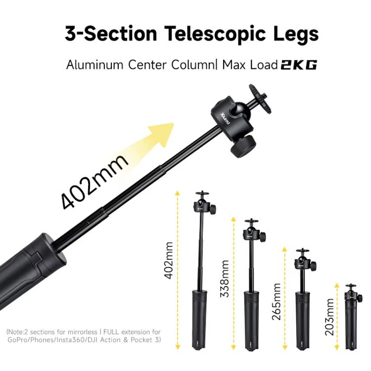 XILETU XS-21 Touch Ground Auto-Open Tripod Selfie Stick Extendable Pole With Universal Metal Ball Head 200-402mm - Black