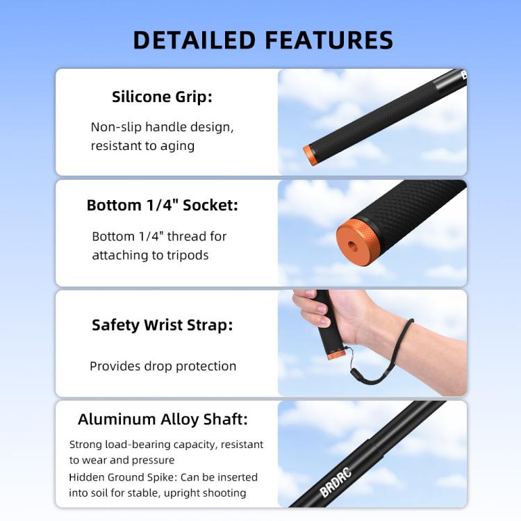 For DJI Osmo Pocket 3 / Action 6 / Insta360 X5 BRDRC Telescopic Extension Pole Selfie Stick - 1.6m