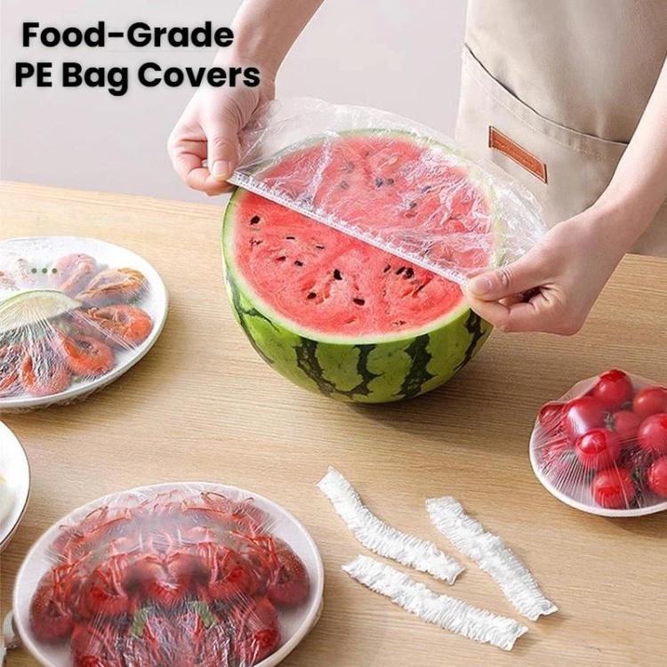 100pcs /Pack Disposable Food-Grade PE Bag Covers Elastic Stretchable Bowl Covers For Leftovers - Transparent