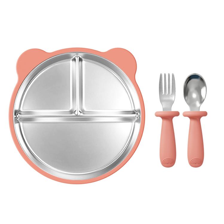 Removable Compartment Baby Feeding Dish with Suction Base Anti-Fall 304 Stainless Steel Silicone Plate with Fork & Spoon