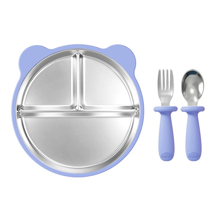Removable Compartment Baby Feeding Dish with Suction Base Anti-Fall 304 Stainless Steel Silicone Plate with Fork & Spoon