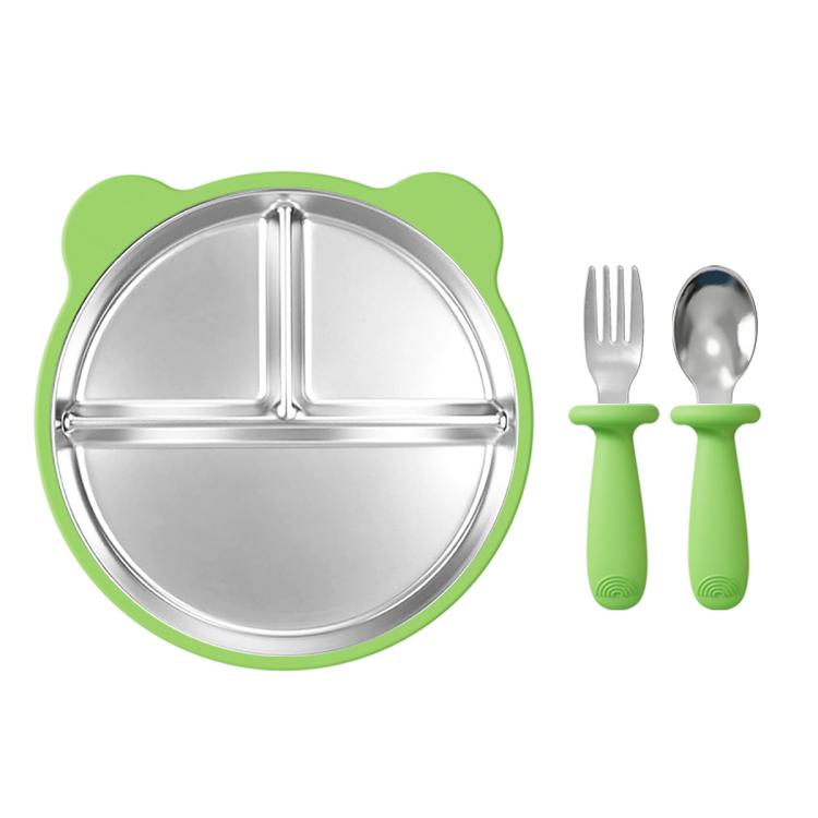 Removable Compartment Baby Feeding Dish with Suction Base Anti-Fall 304 Stainless Steel Silicone Plate with Fork & Spoon