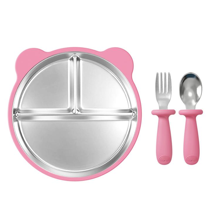 Removable Compartment Baby Feeding Dish with Suction Base Anti-Fall 304 Stainless Steel Silicone Plate with Fork & Spoon