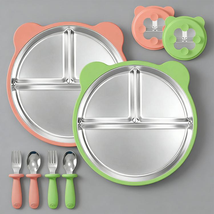 Removable Compartment Baby Feeding Dish with Suction Base Anti-Fall 304 Stainless Steel Silicone Plate with Fork & Spoon