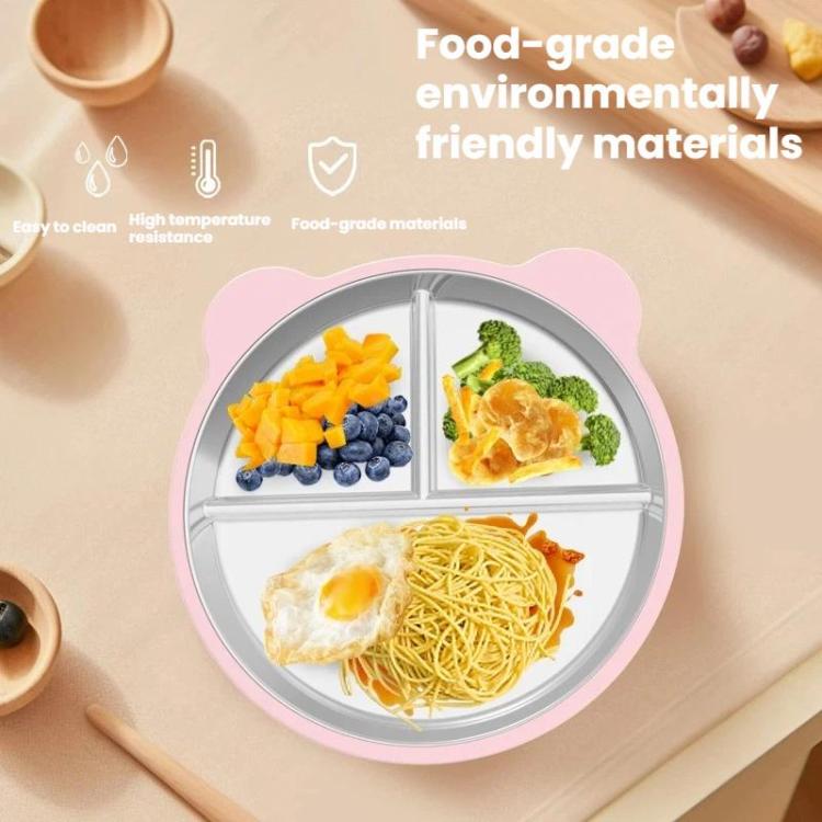Removable Compartment Baby Feeding Dish with Suction Base Anti-Fall 304 Stainless Steel Silicone Plate with Fork & Spoon