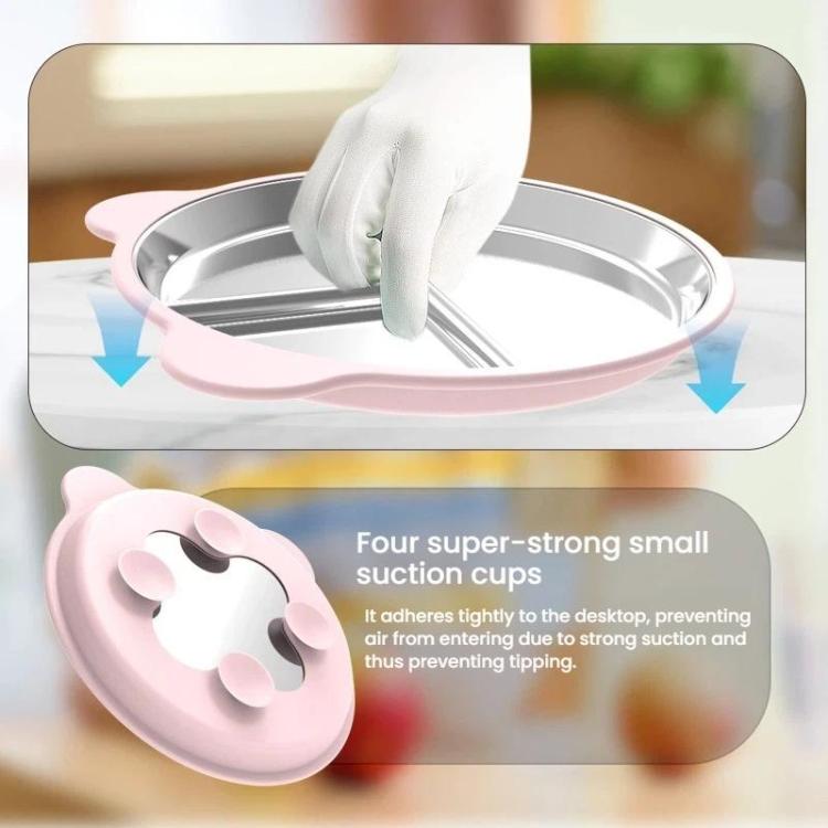 Removable Compartment Baby Feeding Dish with Suction Base Anti-Fall 304 Stainless Steel Silicone Plate with Fork & Spoon