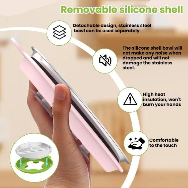 Removable Compartment Baby Feeding Dish with Suction Base Anti-Fall 304 Stainless Steel Silicone Plate with Fork & Spoon
