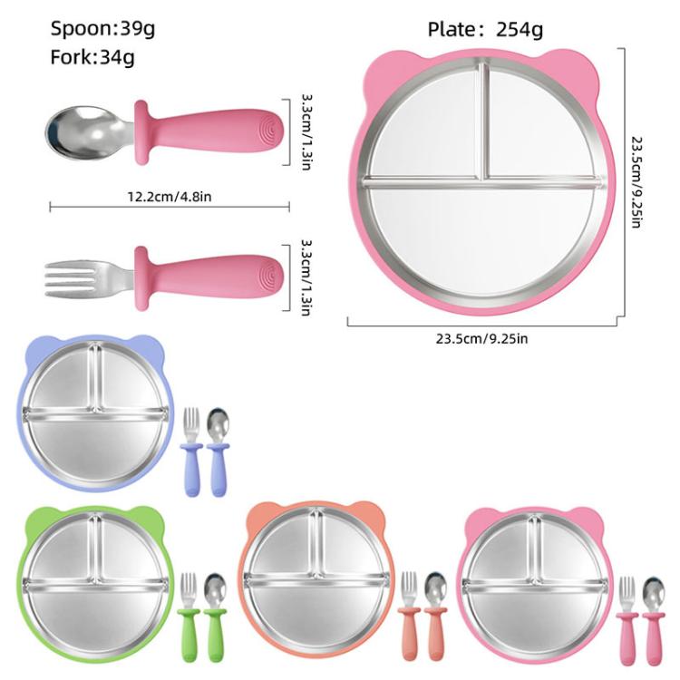 Removable Compartment Baby Feeding Dish with Suction Base Anti-Fall 304 Stainless Steel Silicone Plate with Fork & Spoon