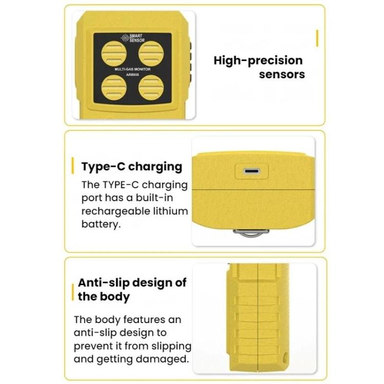SMART SENSOR 4 In 1 Oxygen/Hydrogen Sulfide/Carbon Monoxide Gas Detector - AR8900 English