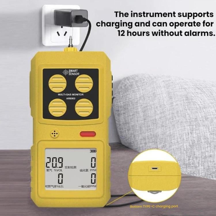 SMART SENSOR 4 In 1 Oxygen/Hydrogen Sulfide/Carbon Monoxide Gas Detector - AR8900 English