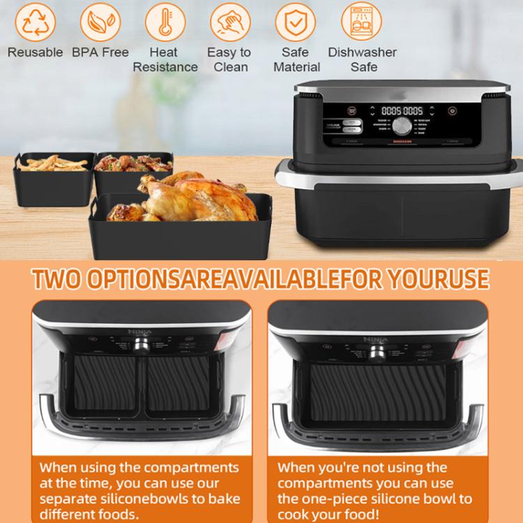 2-in-1 Model Silicone Air Fryer Liners for Ninja Foodi Dual AF500 / DZ071 Reusable Rectangular Baking Tray with Handles