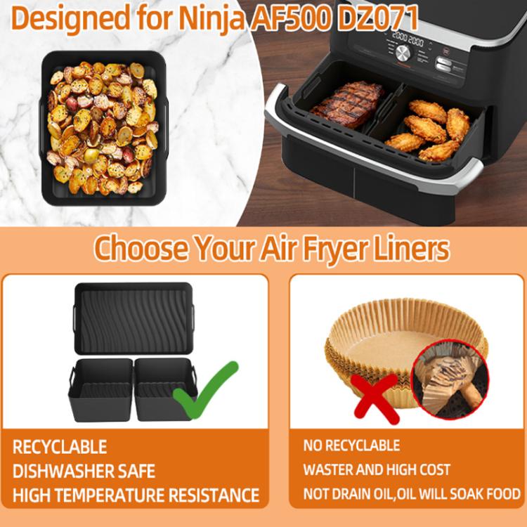 2-in-1 Model Silicone Air Fryer Liners for Ninja Foodi Dual AF500 / DZ071 Reusable Rectangular Baking Tray with Handles