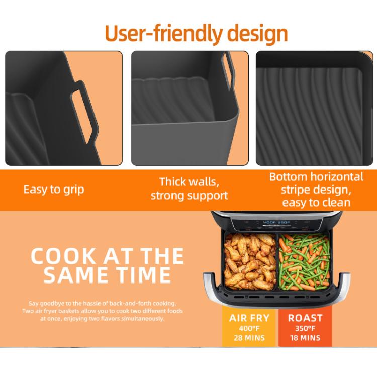 2-in-1 Model Silicone Air Fryer Liners for Ninja Foodi Dual AF500 / DZ071 Reusable Rectangular Baking Tray with Handles