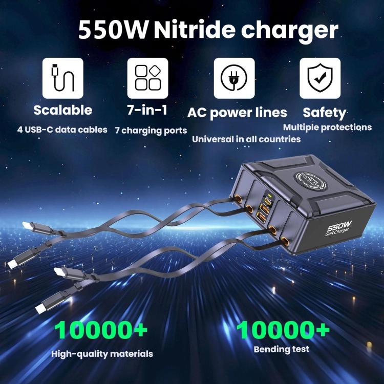 550W USB-C GaN Super Fast Charging Multi-Port Retractable Cable Charger - Kor Plug