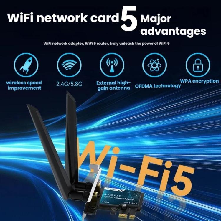 VegGieg 2 In 1 Desktop Gigabit PCIe Wireless Network Adapter - AC1200 PCI-E to WIFI 5 + Bluetooth 4.2/5dB