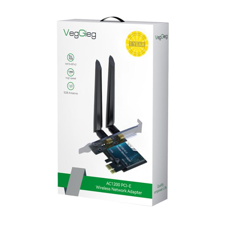 VegGieg 2 In 1 Desktop Gigabit PCIe Wireless Network Adapter - AC1200 PCI-E to WIFI 5 + Bluetooth 4.2/5dB