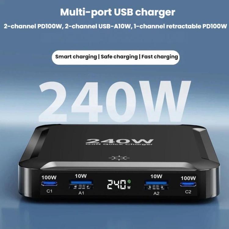 240W Smart Fast Charger With Magnetic USB Retractable Cable And Multi-Port Storage - Kor Plug