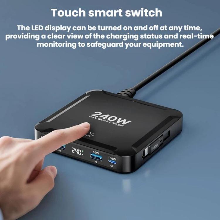 240W Smart Fast Charger With Magnetic USB Retractable Cable And Multi-Port Storage - Kor Plug