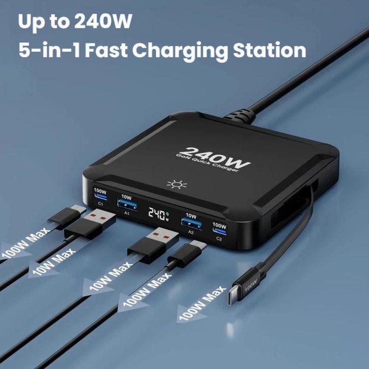 240W Smart Fast Charger With Magnetic USB Retractable Cable And Multi-Port Storage - Kor Plug