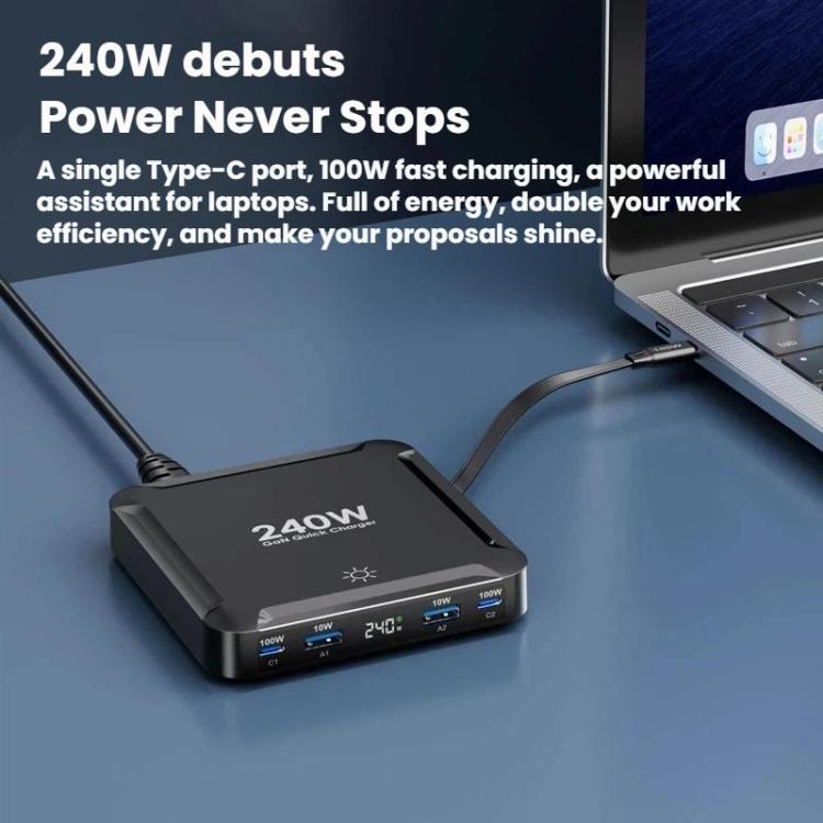 240W Smart Fast Charger With Magnetic USB Retractable Cable And Multi-Port Storage - Kor Plug