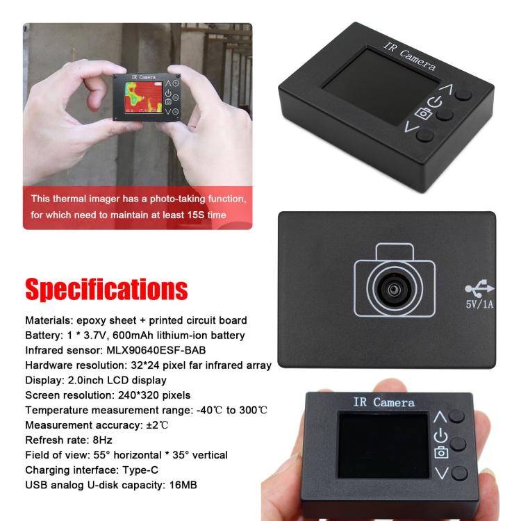 MLX90640 1.8-Inch LCD Digital Infrared Thermal Imager DIY Inspection Tool - Black