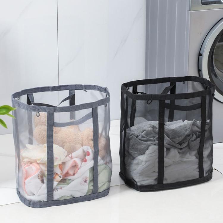 Large Mesh Laundry Basket With Handles Wall-Mounted & Foldable Dirty Clothes Hamper Portable Toy Storage Bag - Gray