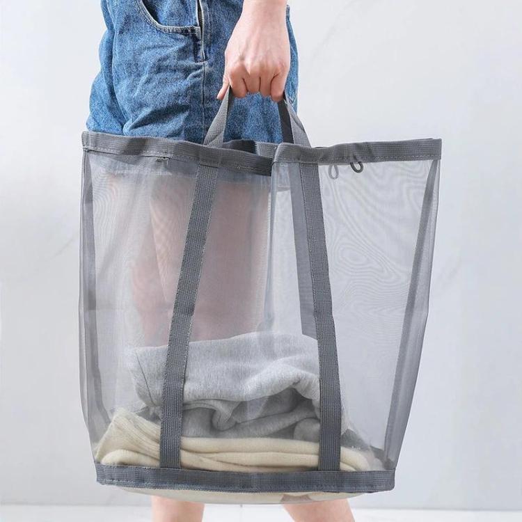 Large Mesh Laundry Basket With Handles Wall-Mounted & Foldable Dirty Clothes Hamper Portable Toy Storage Bag - Gray