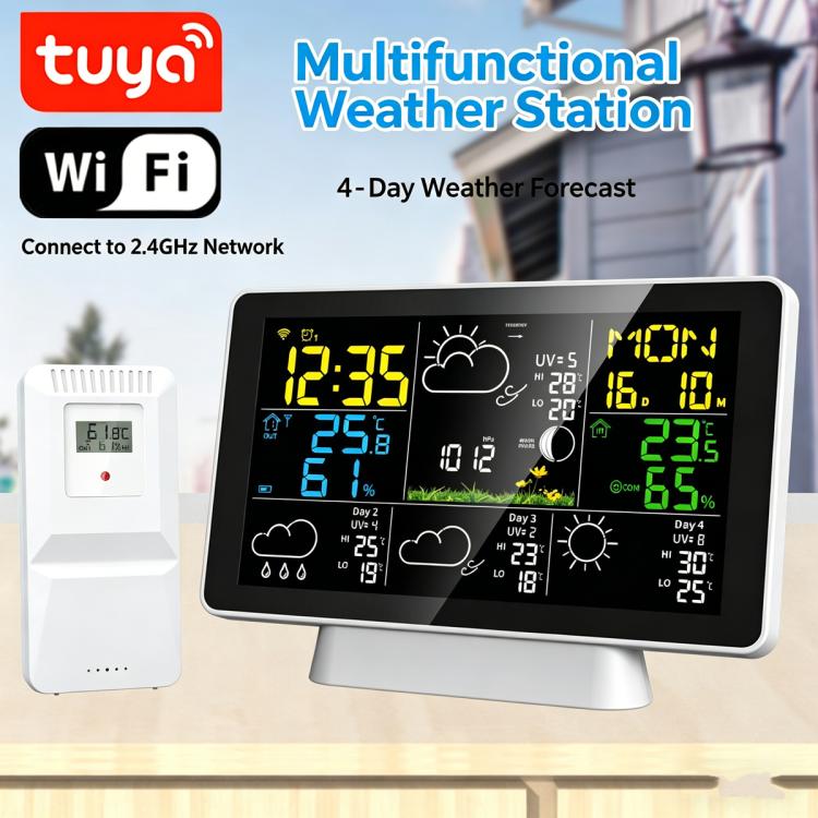 Tuya Compatible WiFi Weather Station Wireless Indoor Outdoor Thermometer with 4-Day Forecast Atomic Clock UK Plug