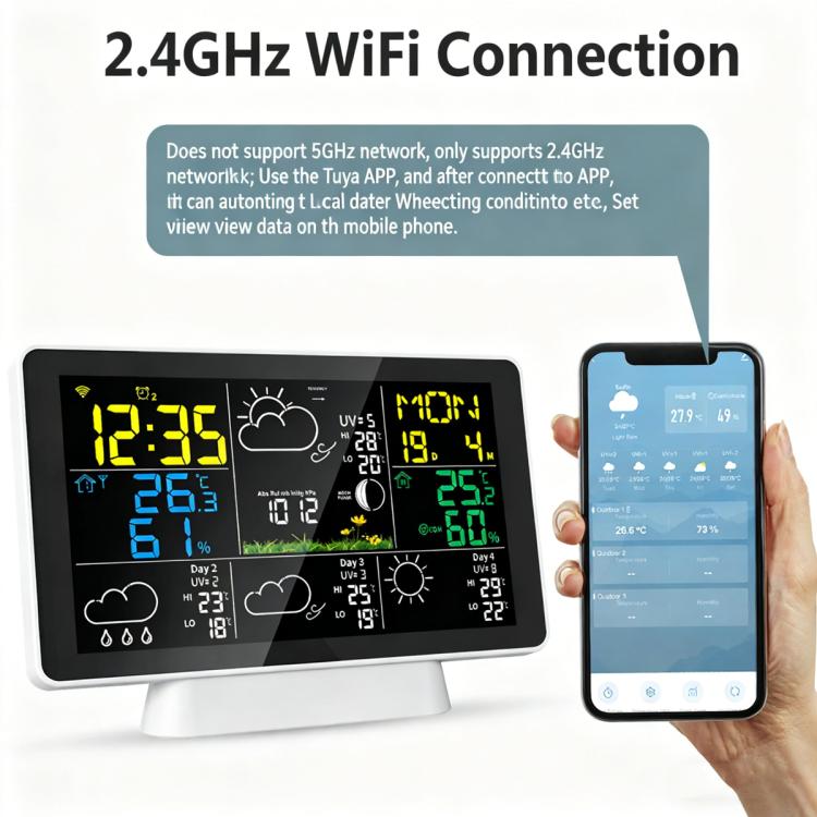 Tuya Compatible WiFi Weather Station Wireless Indoor Outdoor Thermometer with 4-Day Forecast Atomic Clock EU Plug