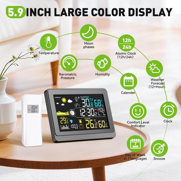 Wireless Weather Station With 5.9-Inch Color Display, Atomic Clock With Outdoor Sensor, Digital Thermometer Hygrometer For Home, Barometric Pressure, Moon Phase - EU Plug