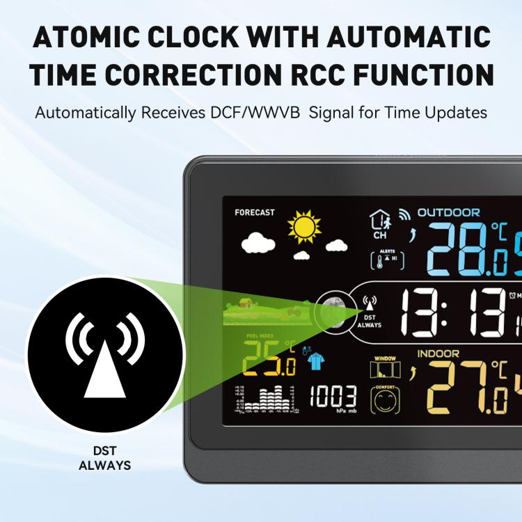 Wireless Weather Station With 5.9-Inch Color Display, Atomic Clock With Outdoor Sensor, Digital Thermometer Hygrometer For Home, Barometric Pressure, Moon Phase - EU Plug