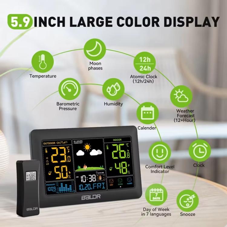BALDR Wireless Weather Station Color Display Weather Forecaster, Barometric Pressure, Moon Phase, 12/24H