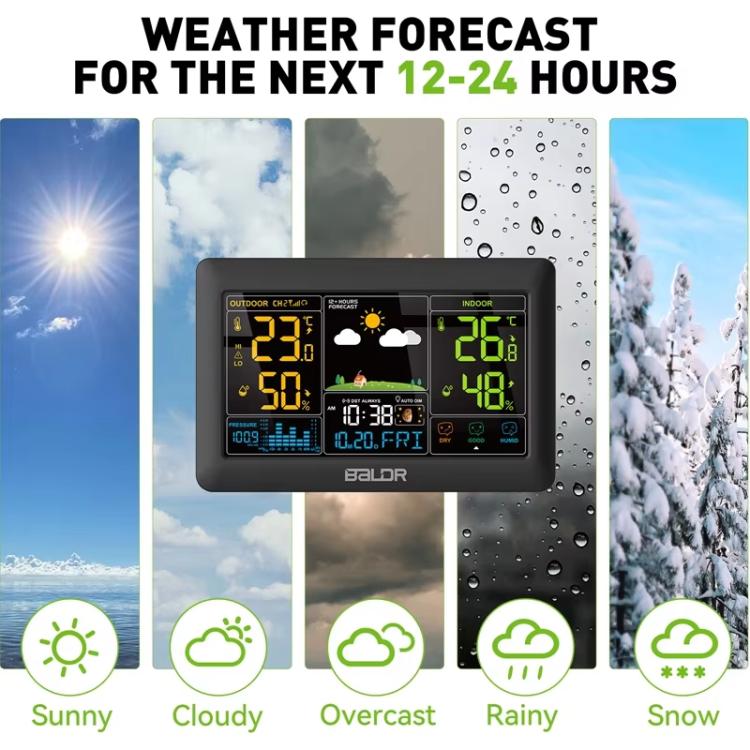 BALDR Wireless Weather Station Color Display Weather Forecaster, Barometric Pressure, Moon Phase, 12/24H