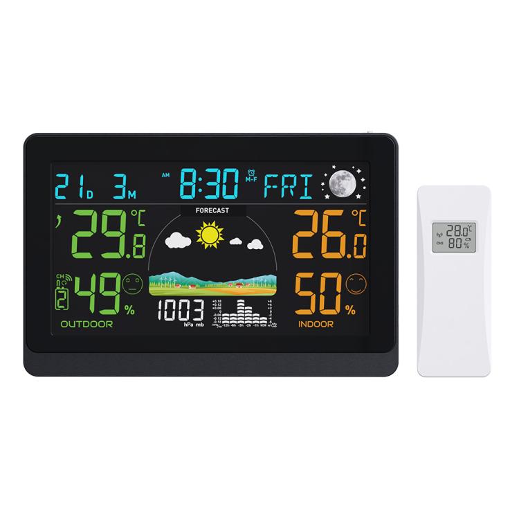 Wireless Weather Station With 7.5-Inch Large Color Display, Atomic Clock With Outdoor Sensor, Digital Thermometer Hygrometer - EU Plug