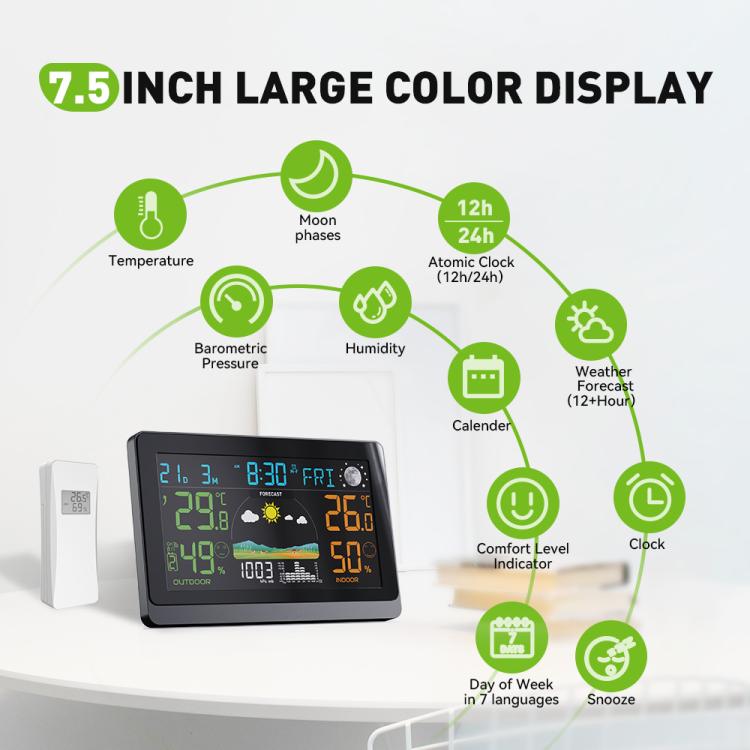 Wireless Weather Station With 7.5-Inch Large Color Display, Atomic Clock With Outdoor Sensor, Digital Thermometer Hygrometer - EU Plug
