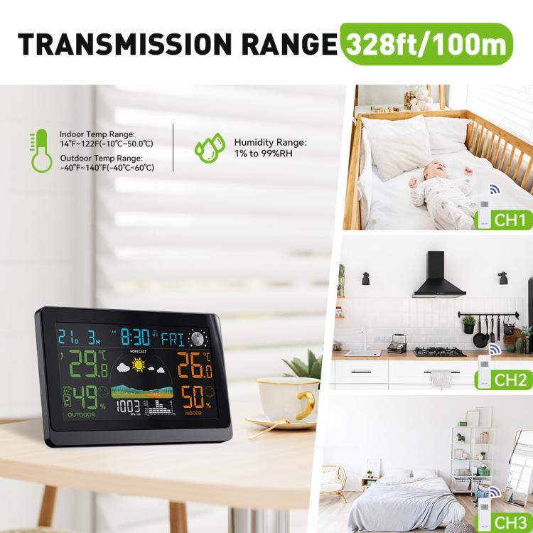 Wireless Weather Station With 7.5-Inch Large Color Display, Atomic Clock With Outdoor Sensor, Digital Thermometer Hygrometer - EU Plug