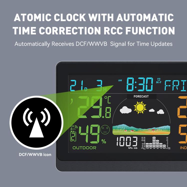 Wireless Weather Station With 7.5-Inch Large Color Display, Atomic Clock With Outdoor Sensor, Digital Thermometer Hygrometer - EU Plug