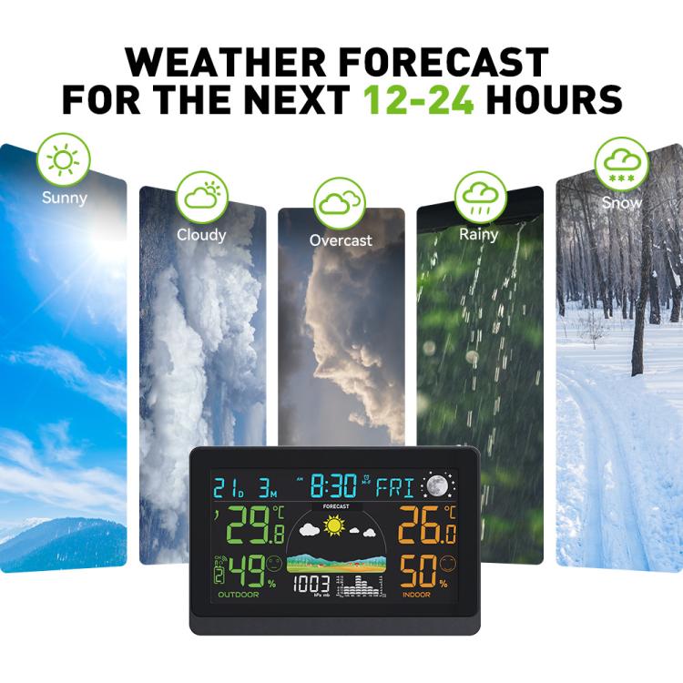 Wireless Weather Station With 7.5-Inch Large Color Display, Atomic Clock With Outdoor Sensor, Digital Thermometer Hygrometer - EU Plug