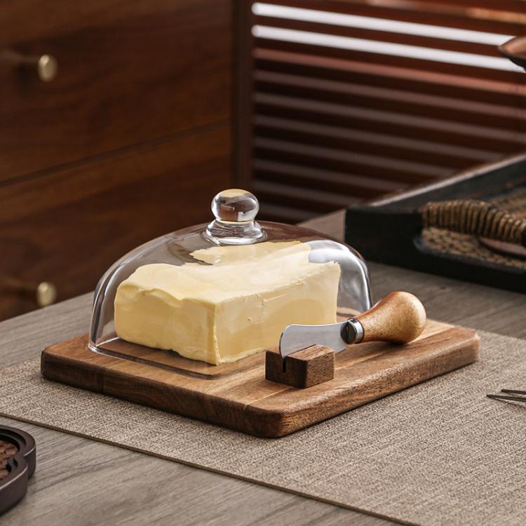 Acacia Wood Butter Dish with Glass Lid and Spreader Knife Butter Keeper for Countertop or Fridge, Spec: Single Knife