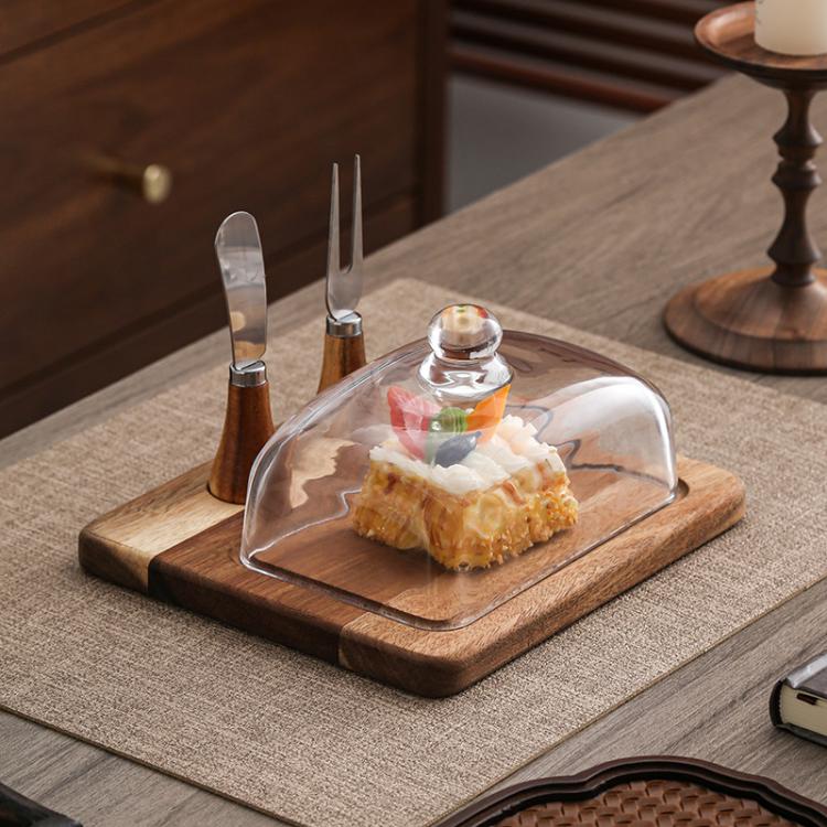 Acacia Wood Butter Dish with Glass Lid and Spreader Knife Butter Keeper for Countertop or Fridge, Spec: Dual Utensils