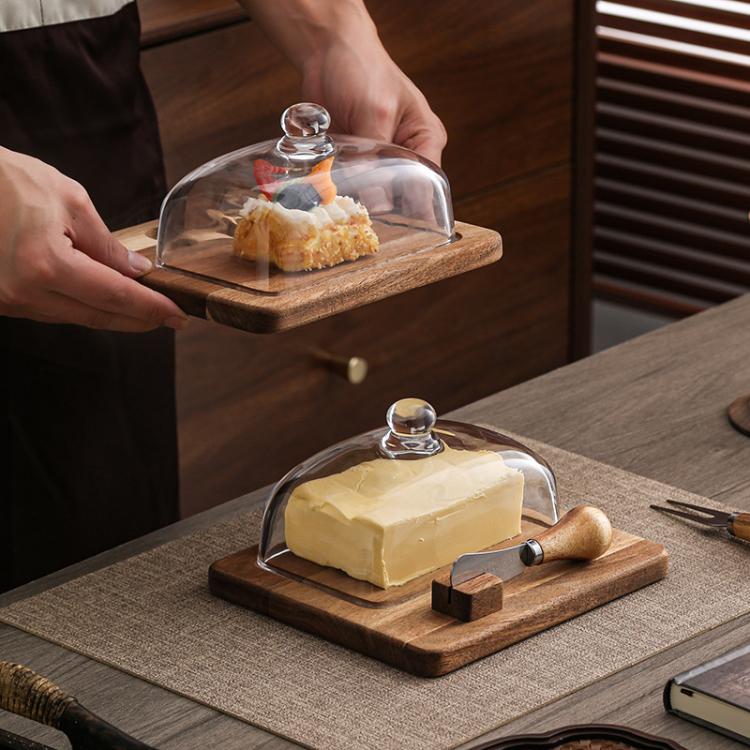 Acacia Wood Butter Dish with Glass Lid and Spreader Knife Butter Keeper for Countertop or Fridge, Spec: Single Knife
