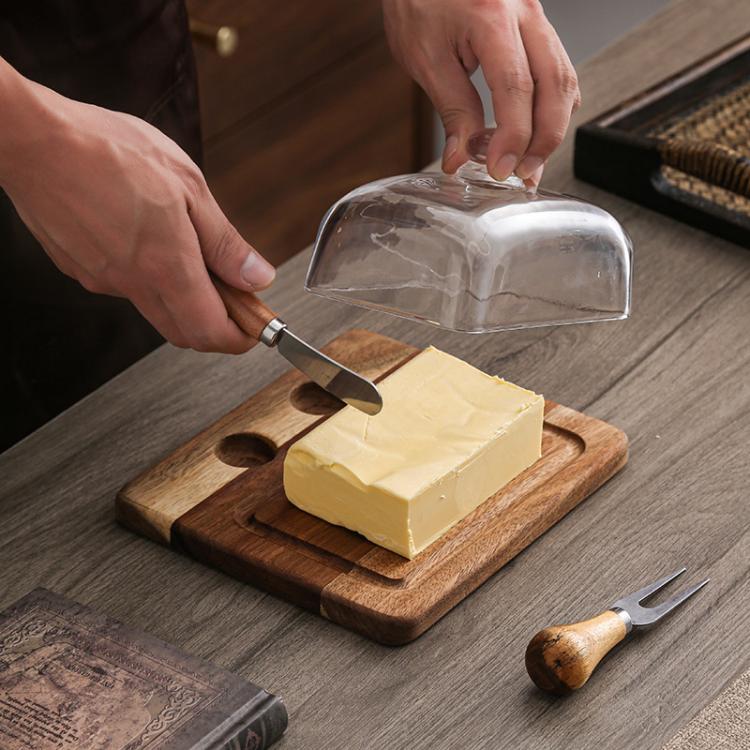 Acacia Wood Butter Dish with Glass Lid and Spreader Knife Butter Keeper for Countertop or Fridge, Spec: Dual Utensils