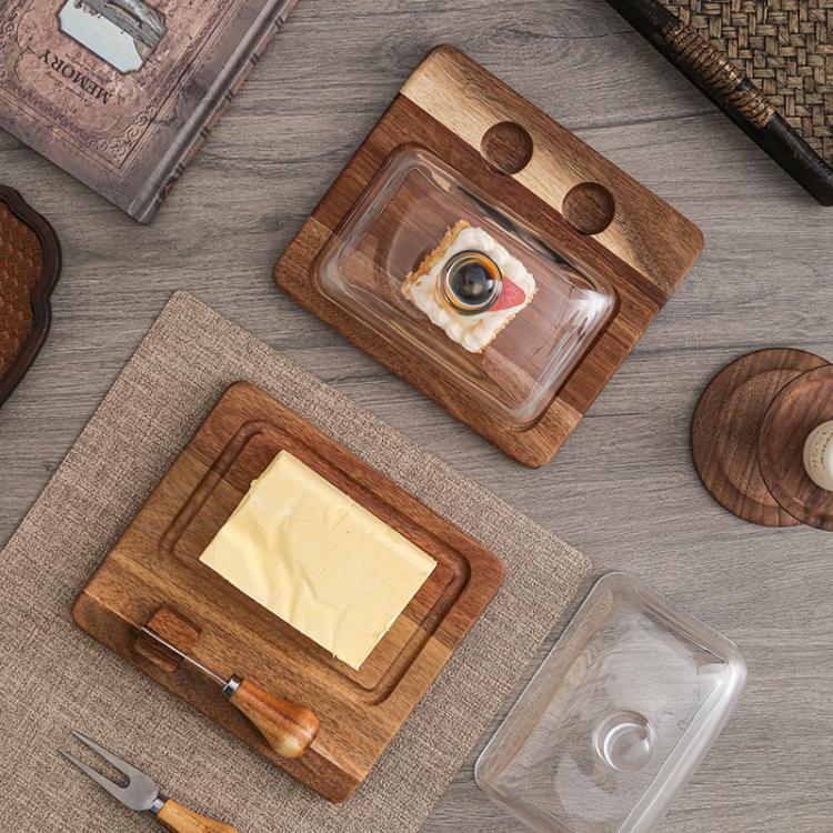 Acacia Wood Butter Dish with Glass Lid and Spreader Knife Butter Keeper for Countertop or Fridge, Spec: Single Knife