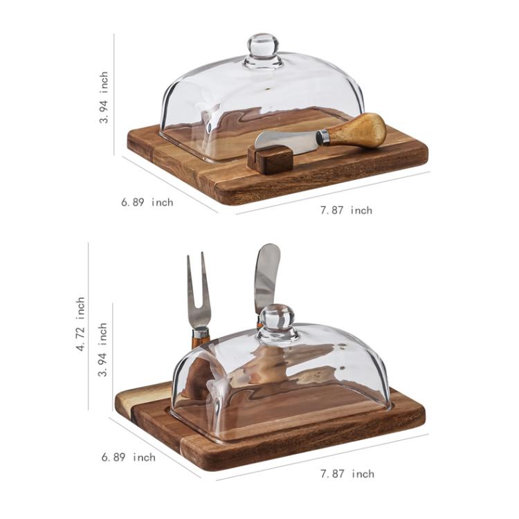 Acacia Wood Butter Dish with Glass Lid and Spreader Knife Butter Keeper for Countertop or Fridge, Spec: Single Knife