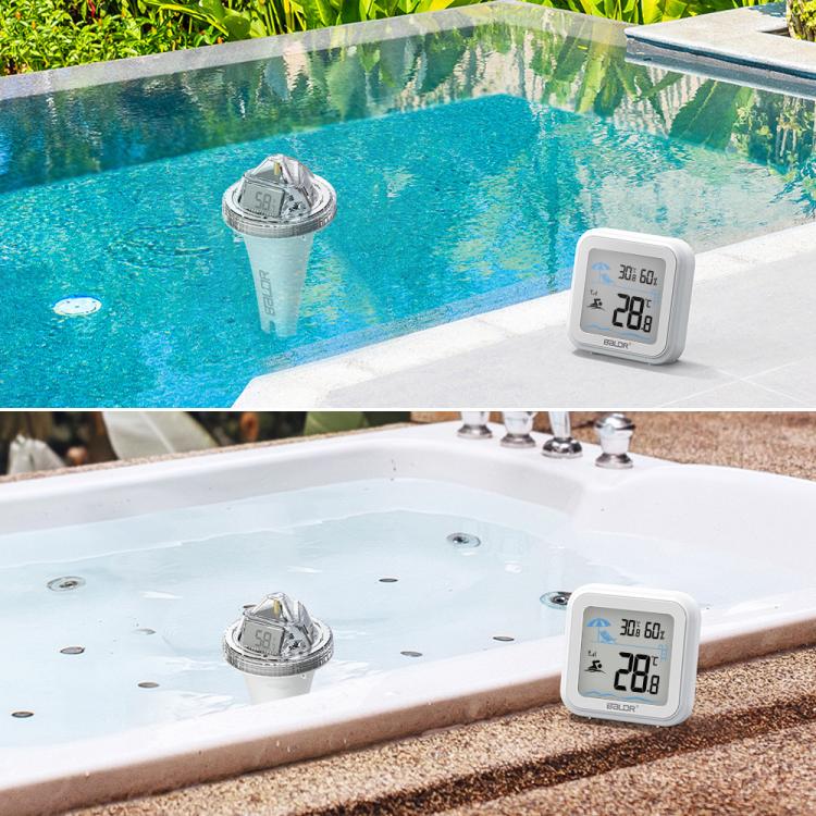 BALDR Wireless Floating Pool Thermometer With Indoor Receiver 360-Degree Triple Screen LCD Display Remote App Control - White