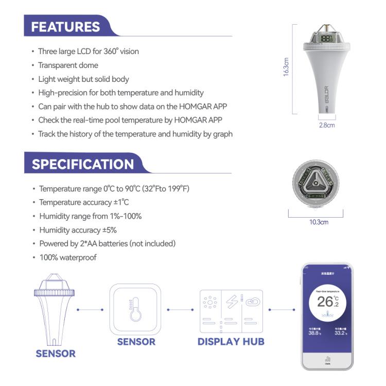 BALDR Wireless Floating Pool Thermometer With Indoor Receiver 360-Degree Triple Screen LCD Display Remote App Control - White