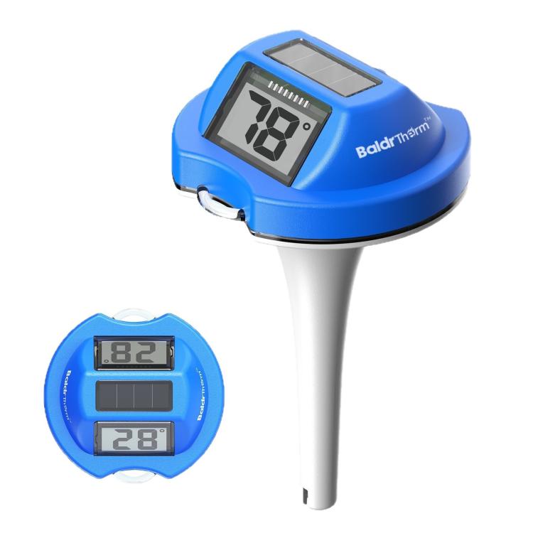 BALDR Waterproof Floating Pool Thermometer With Solar Power Dual Screen Anti-Fog Display For Swimming Pools, Hot Tubs, Fish Ponds - Blue White